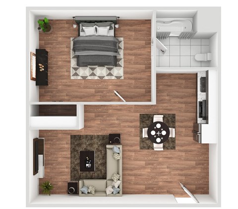 a floor plan of a studio apartment with a bedroom and a living room